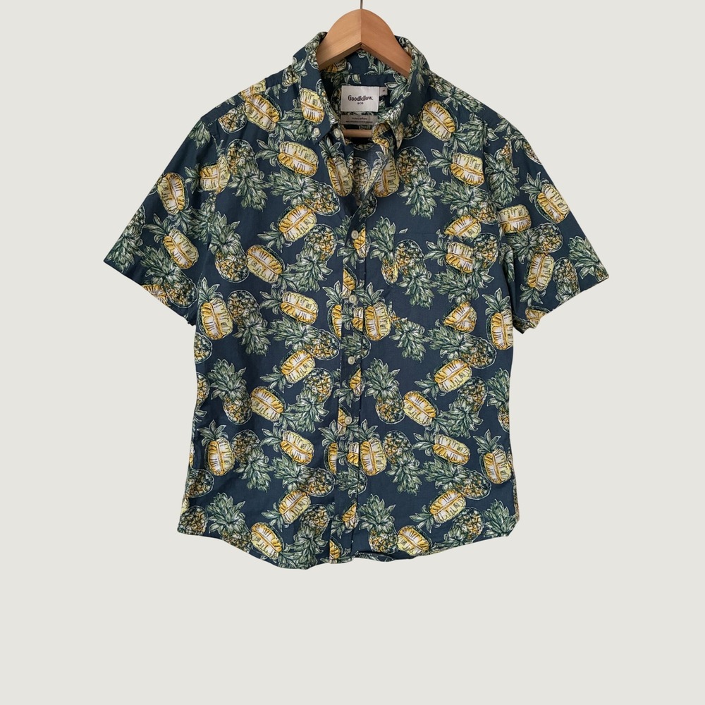 Goodfellow & Co Pineapple Print Short Sleeve Button Down Shirt Slim Fit Teal M